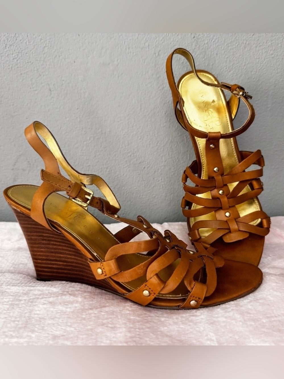Ivanka Trump Brown Leather Gladiator Wedge Sandals Gold Studded Size 8.5M